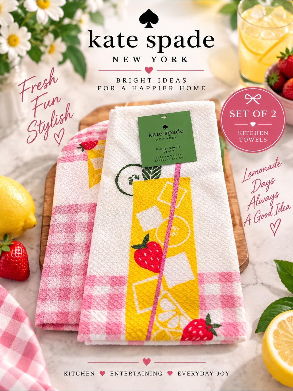 Kate Spade Kitchen Towel Set of 2 Pink Yellow Strawberry Lemonade Design New